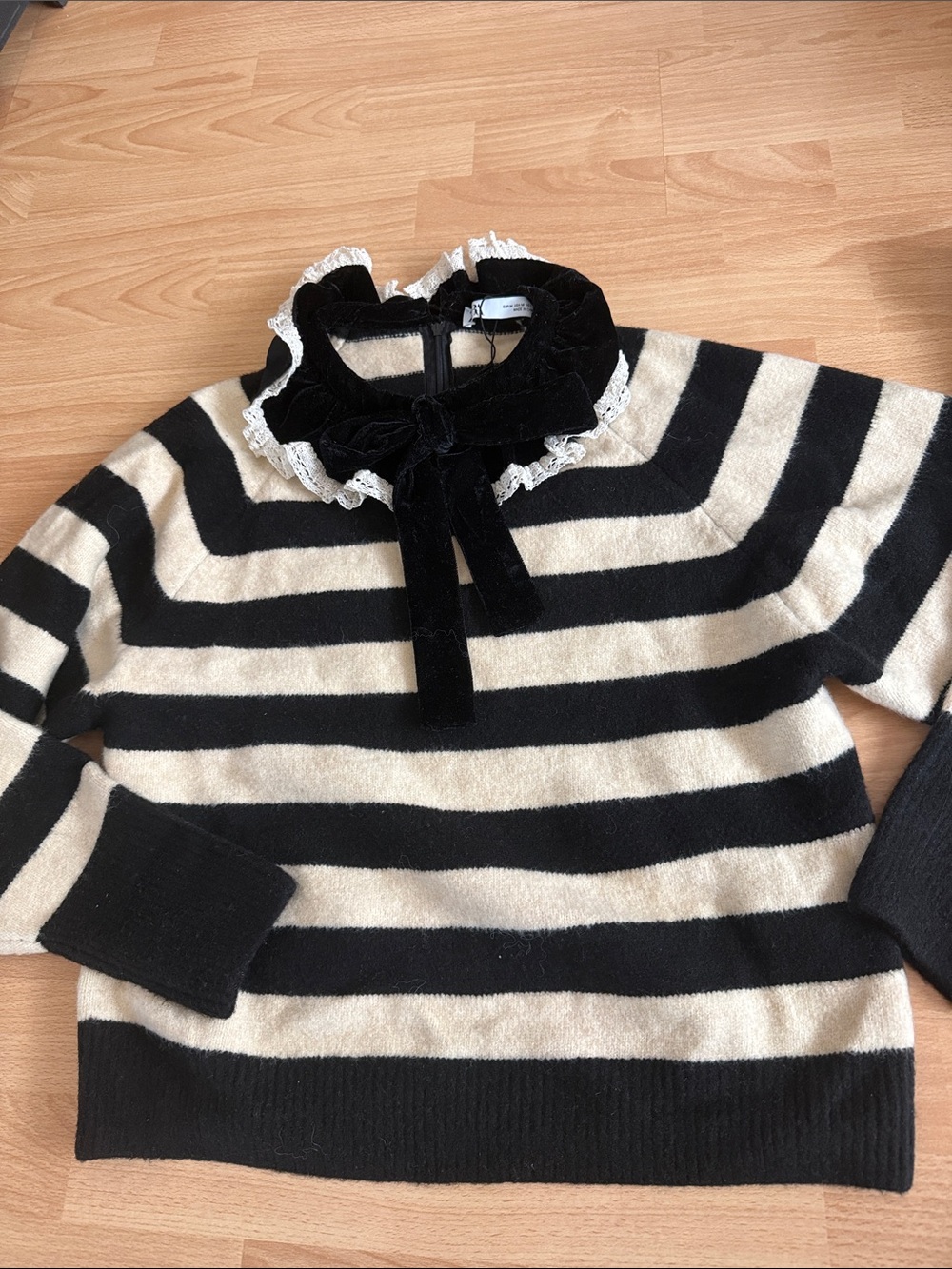 Zara Black and Cream Striped Sweater with Velvet Ruffle Collar